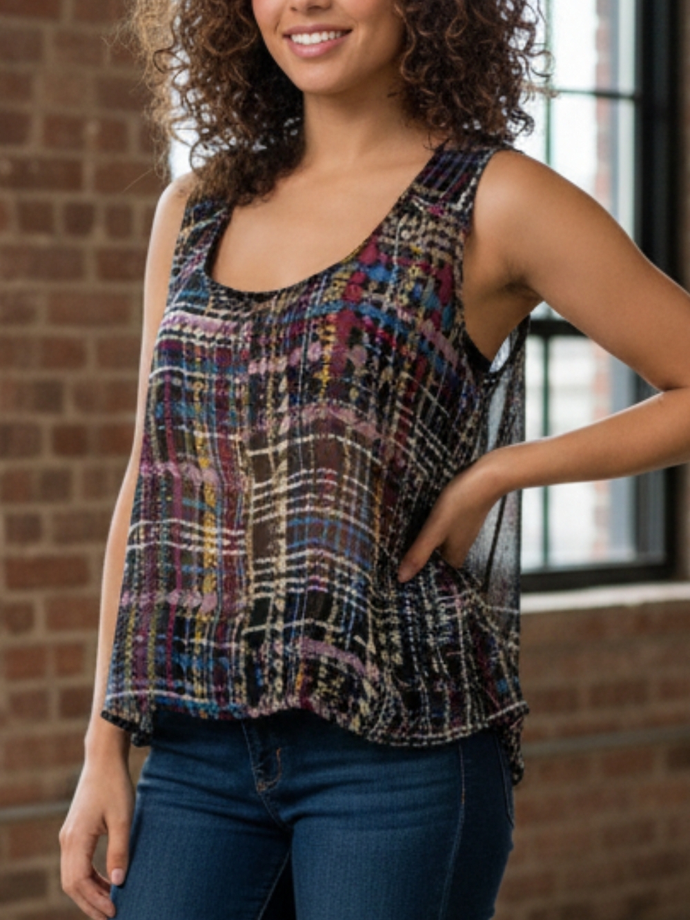 Urban Behavior Multicolor Plaid Scoop Neck Tank Top